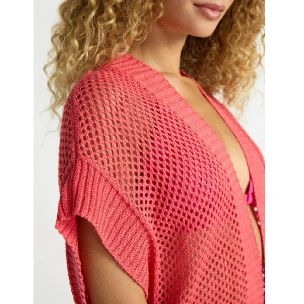 Time and‎ Tru Crochet Ruana Open-Knit Cover-Up L/XL Coral New NWT
